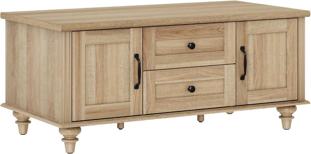 WAMPAT Oak Coffee Table with Drawer & Storage Cabinet, Farmhouse Rustic C...