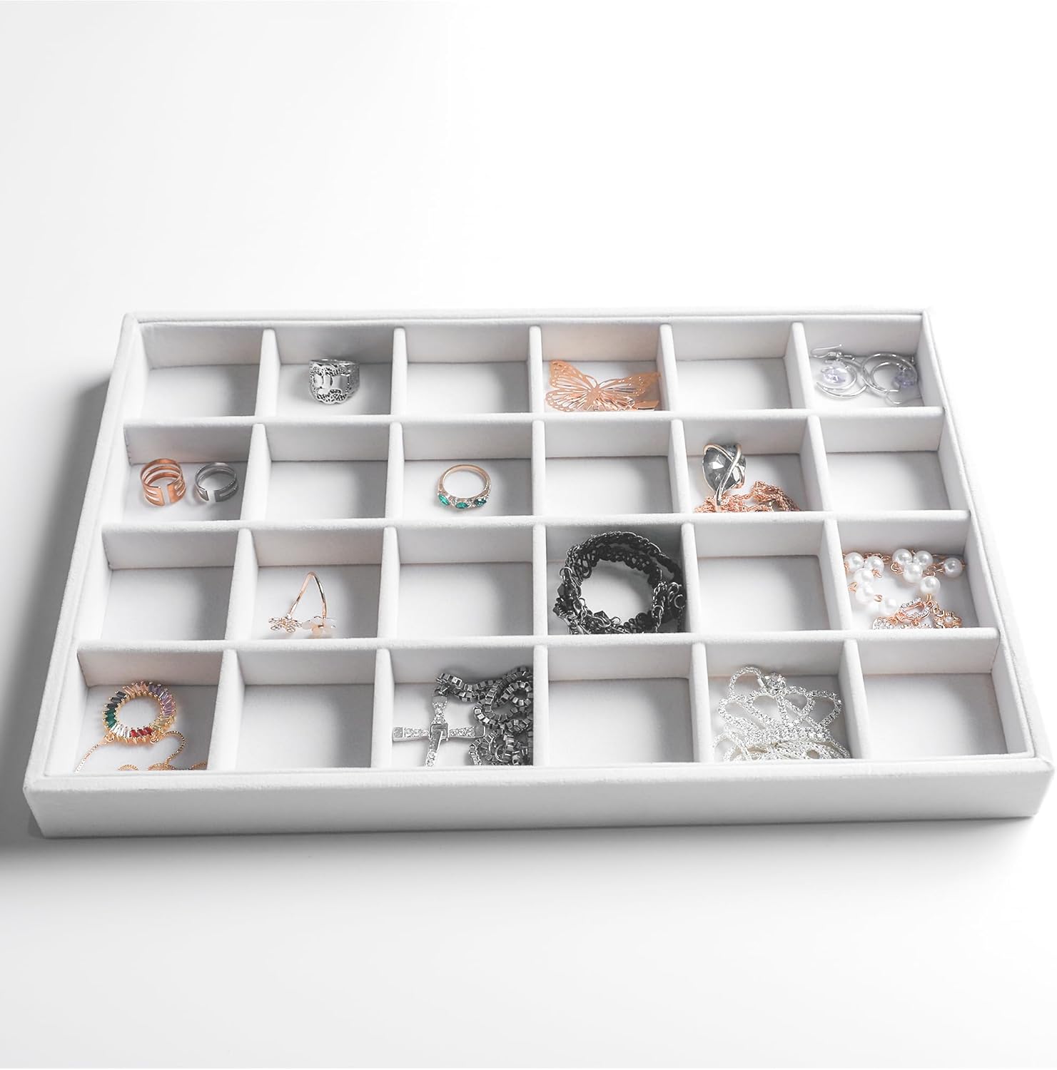 Frebeauty Stackable Velvet Jewelry Organizer Trays for Drawers Inserts Jewelry Storage Tray Display Case, Stud Earrings Bracelets Necklace Rings Accessories Trays for Women(Set of 2)(White)