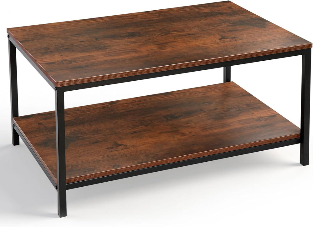 SUPER DEAL 2-Tier Industrial Coffee Table with Storage Shelf for Small Apartm...