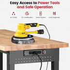Work Bench with Double Layers 60 x 22 Inch Heavy Duty Rubberwood Tabletop Work Table Adjustable Height Workbench with Wheels, Sided Pegboard, Power Outlets for Garage Home Office