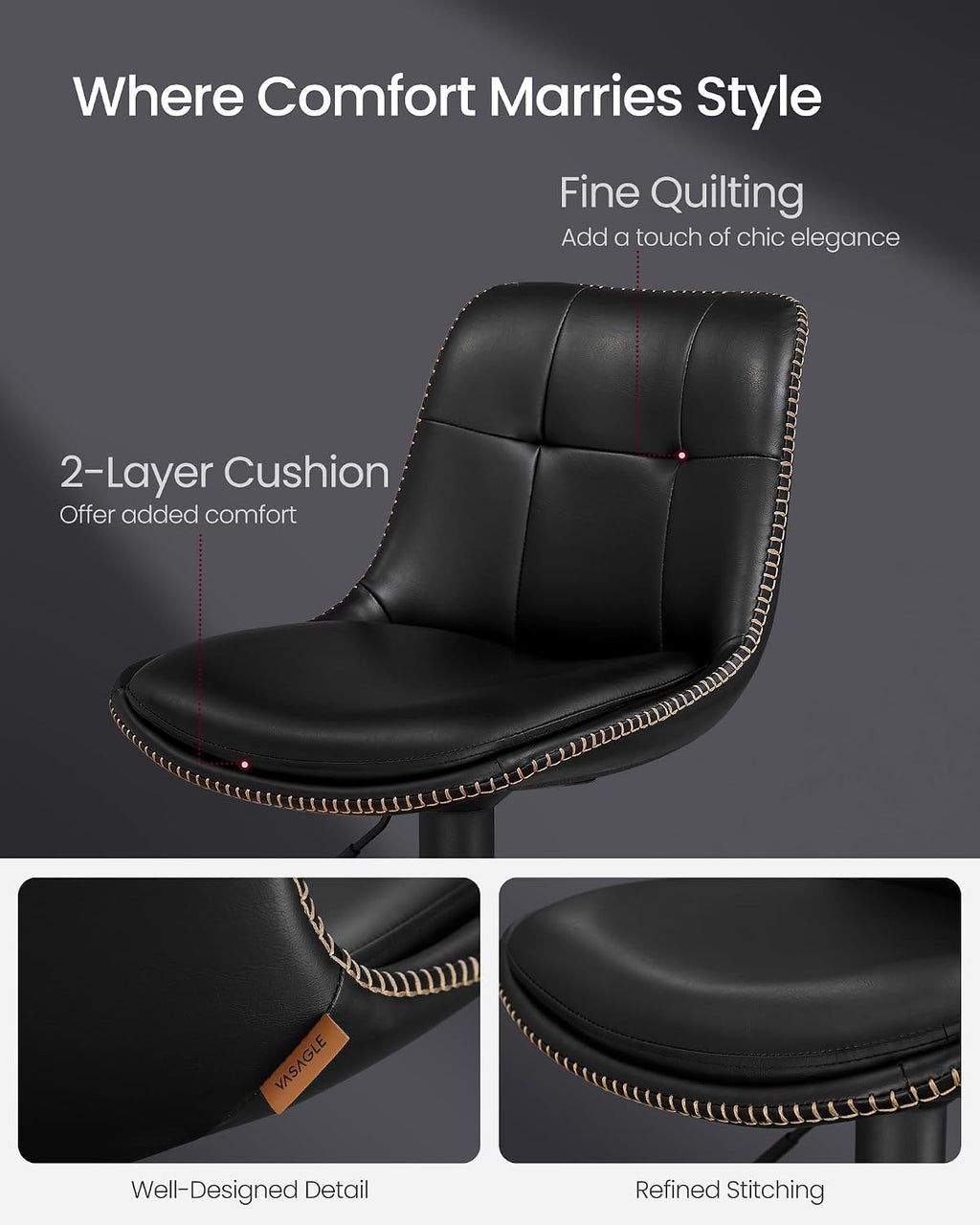 VASAGLE Bar Stools, Set of 4 Swivel Bar Chairs, Adjustable Height, Quilt, Synthetic Leather Kitchen Stools with Back and Footrest, Dining Room, Counter, Steel, Ink Black ULJB095BH01-2J