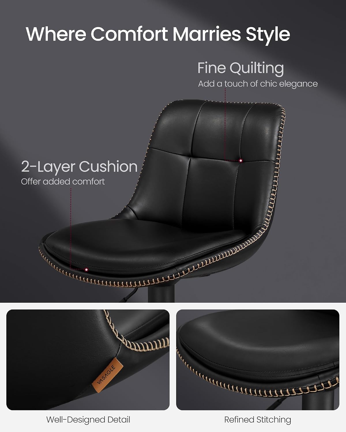 VASAGLE Bar Stools, Set of 4 Swivel Bar Chairs, Adjustable Height, Quilt, Synthetic Leather Kitchen Stools with Back and Footrest, Dining Room, Counter, Steel, Ink Black ULJB095BH01-2J