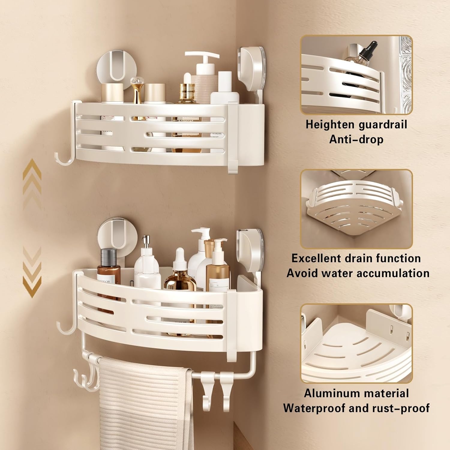 VOLPONE Corner Shower Caddy Suction Cup Shower Shelf Corner No Drilling Bathroom Shower Organizer Storage Rack Adhesive with Towel Bar Hooks(1-Pack, Ivory)