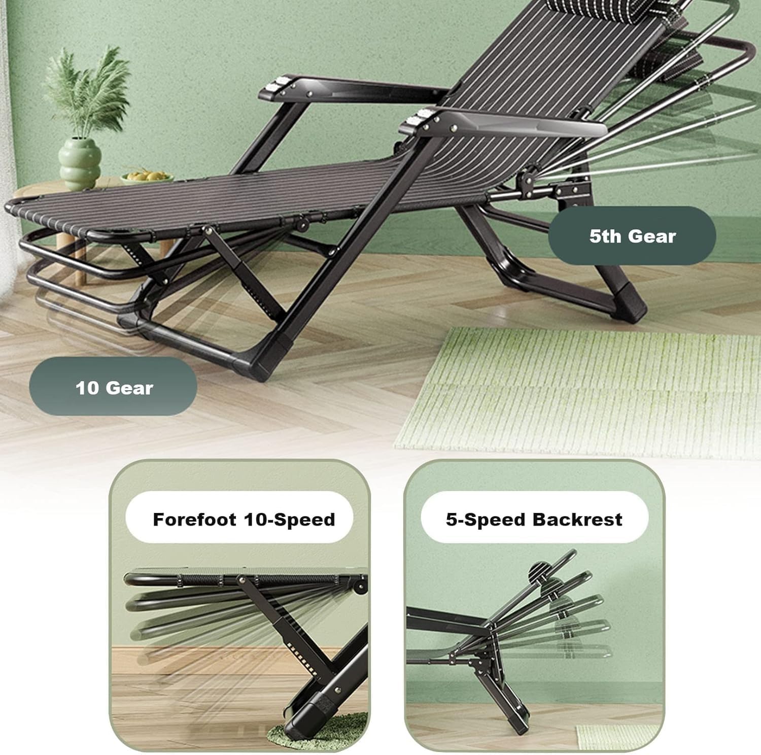 Lawn Recliner Folding Portable Chaise Lounge, Gravity Chair with Detachable Latex Pad, Reclining Patio Lounger(Green)