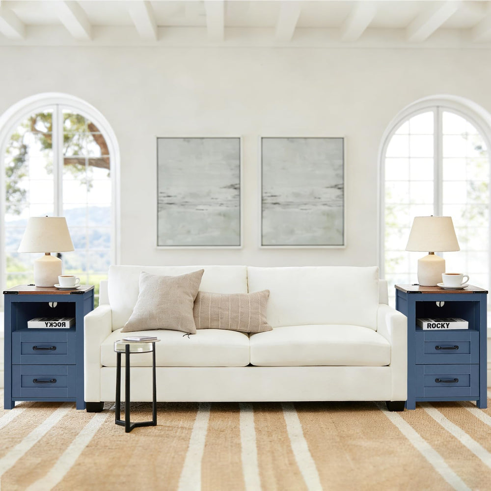 Farmhouse Nightstands Set of 2 with Charging Station, End Table with 2 Drawer...