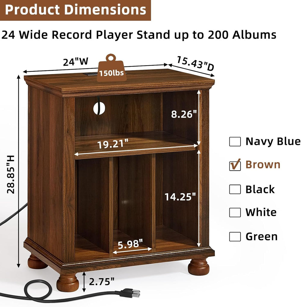 Joaxswe Record Player Stand with Charging Station Up to 200 Albums, 24" ...