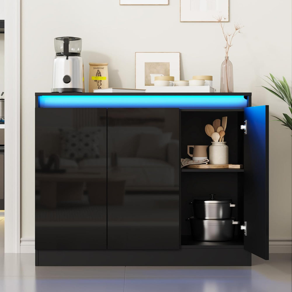 Furnify High Gloss Buffet Cabinet with LED Lights, Modern Sideboard Coffee Ba...