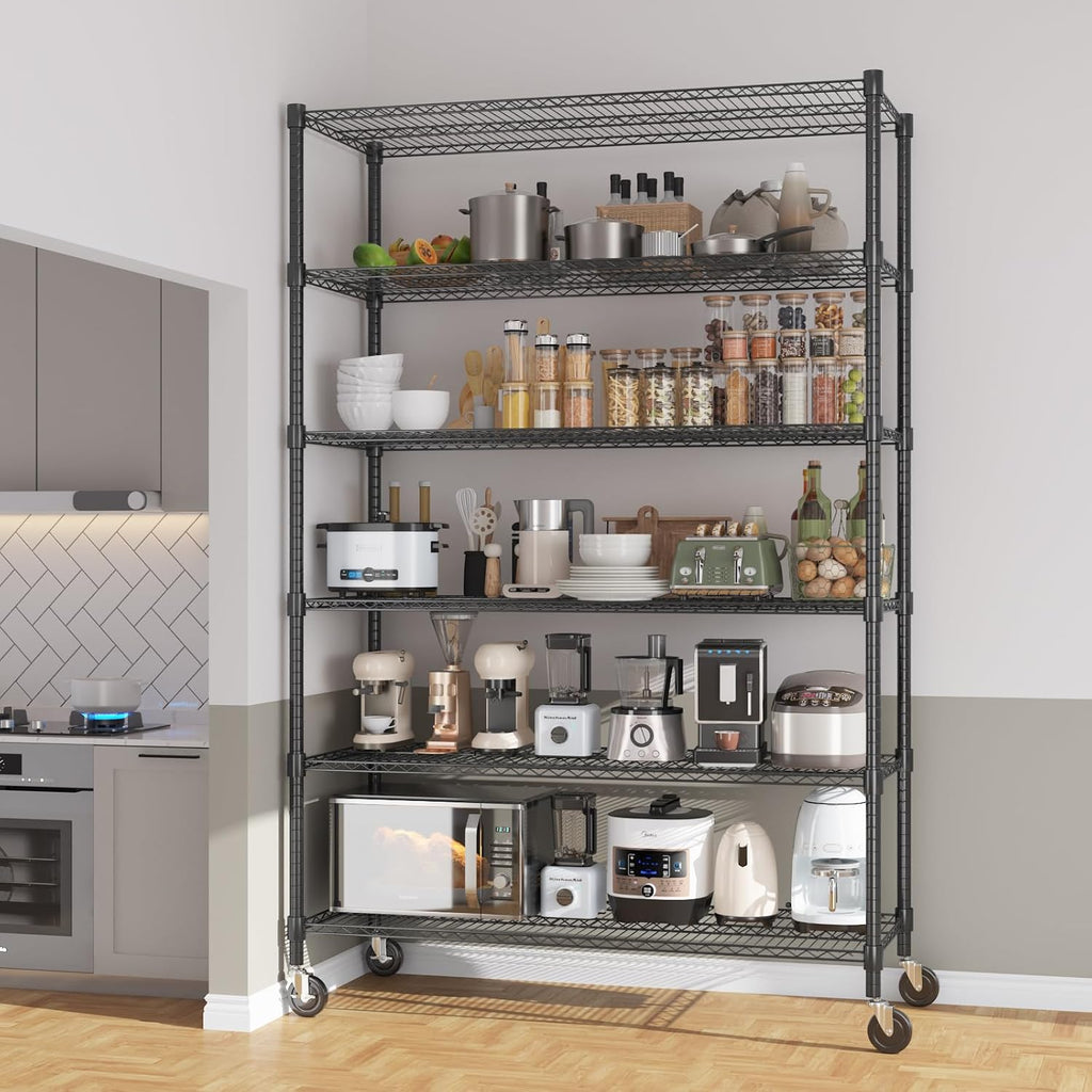 Himimi 82" H Storage Shelves 6 Tier Metal Shelving Adjustable Wire Shelf with Wheels, Heavy Duty Shelving for Garage Kitchen Pantry Bathroom Laundry,18" D*48" W*82" H, Black