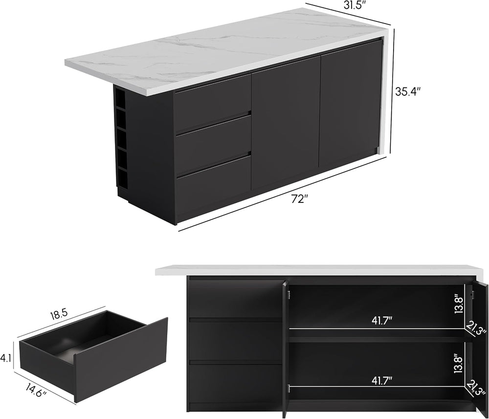 homary Kitchen Island with Storage & Wine Rack, 72" Modern Black Kit...