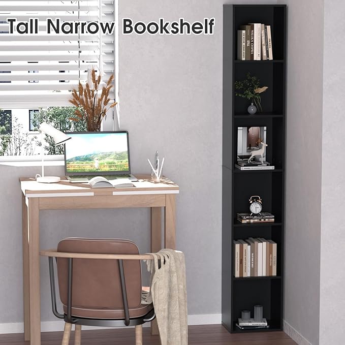 Tall Narrow Bookshelf 6-Tier Bookcase,70.5" Skinny Thin Corner Shelf Sli...