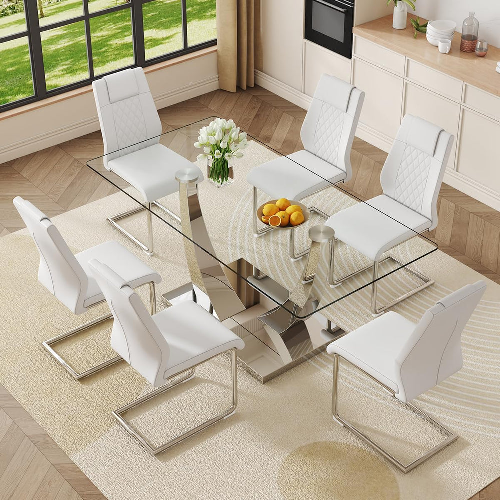 Glass Dining Table Set for 6, Modern Kitchen Table Set for 6, 71" Temper...