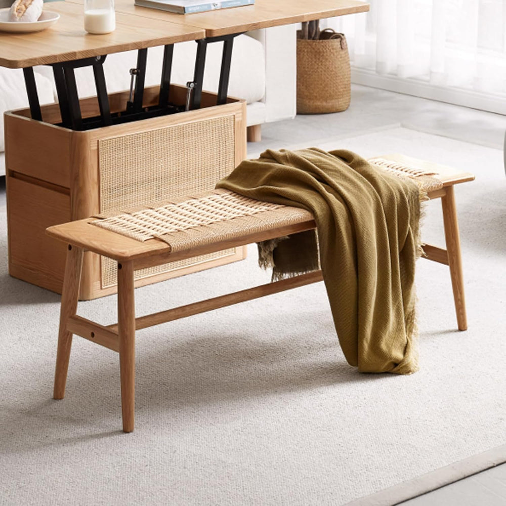Rattan Wood Bench,100% Solid Oak Dining Bench with Woven Design, Sturdy Morti...