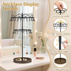 MODOWEY Rotating Necklace Holder Stand Organizer, 2 Tier Adjustable Extra Tall Metal Display Tree with Wooden Tray, 42 Hooks Pendant Hanger for Women Men, Stylish and Secure Jewelry Rack, Black