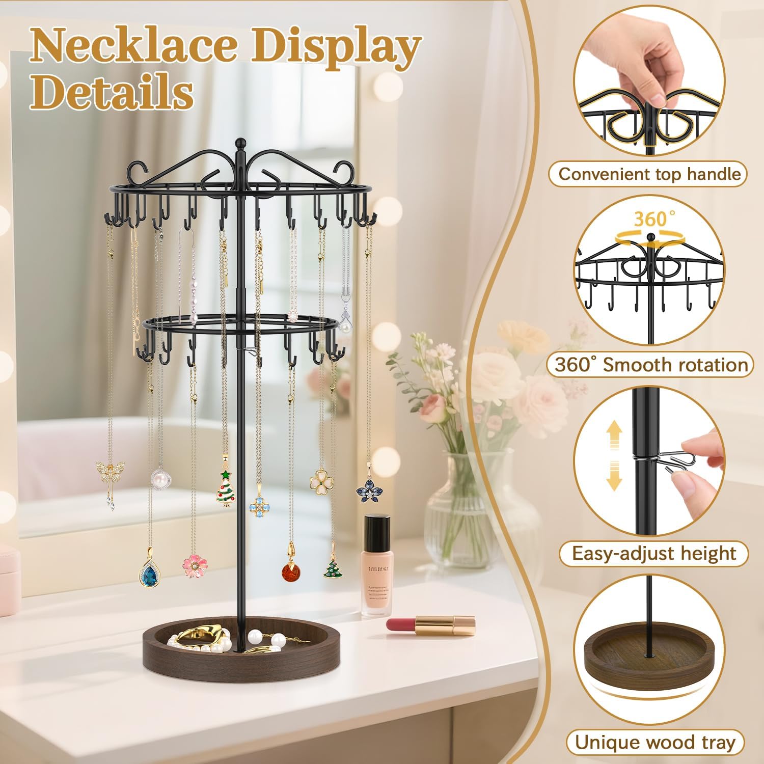 MODOWEY Rotating Necklace Holder Stand Organizer, 2 Tier Adjustable Extra Tall Metal Display Tree with Wooden Tray, 42 Hooks Pendant Hanger for Women Men, Stylish and Secure Jewelry Rack, Black