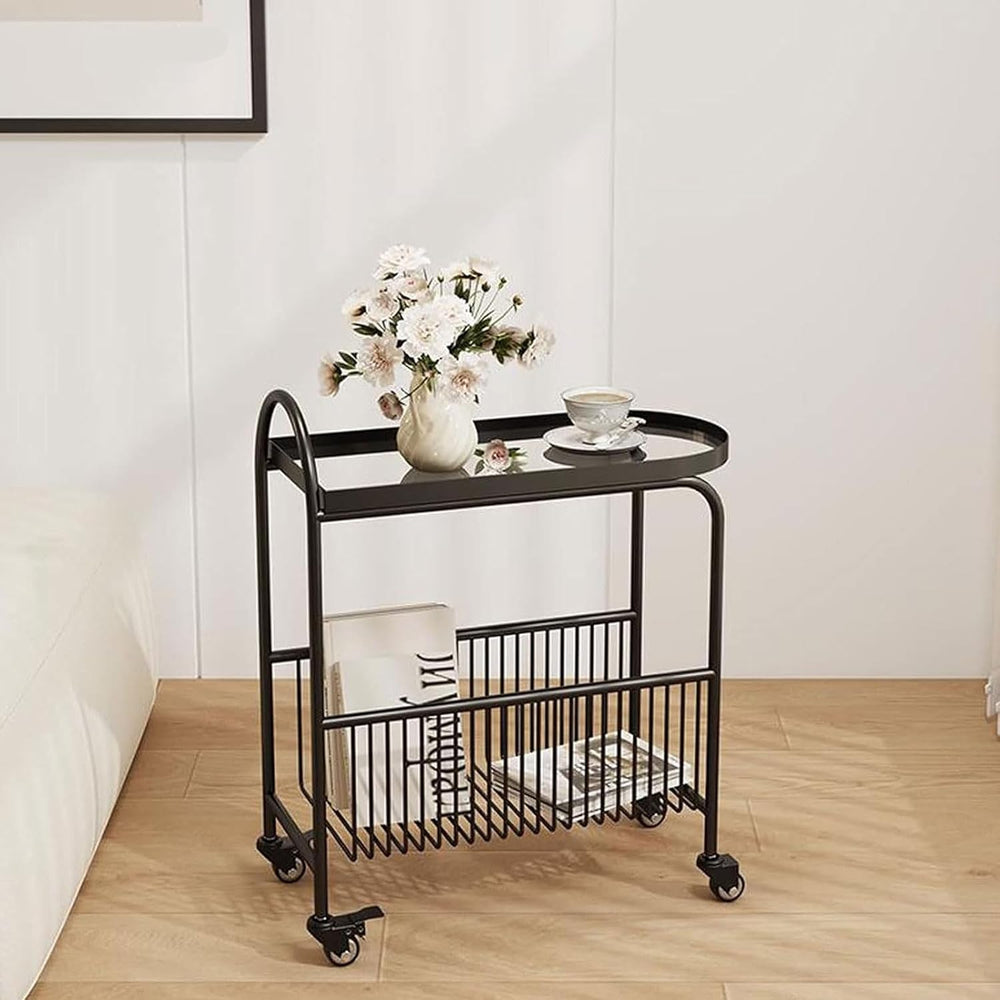 Small Sofa Side Table End Table with Wheels, 2-Tier Utility Rolling Cart Stor...