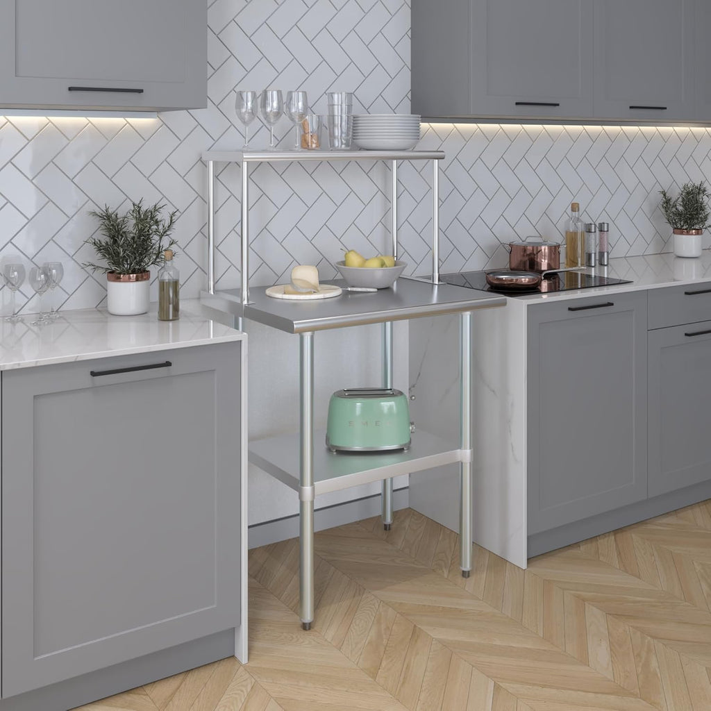 AmGood Stainless Steel Work Table with Wide Single Tier Overshelf | Metal Kitchen Prep Table & Shelving Combo (24"" x 30"" Work Table + 12"" Overshelf), AMGWT2430+SOS1230FM1