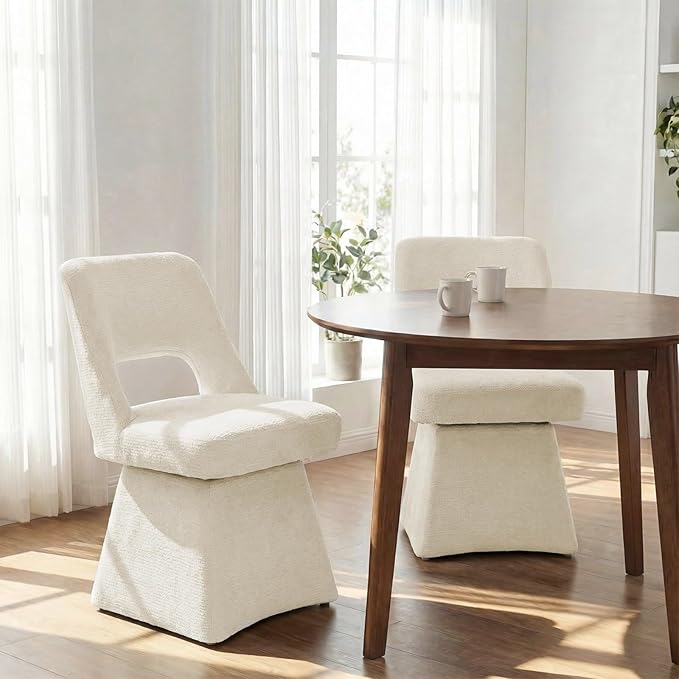 VKNOW Upholstered Swivel Dining Chairs Set of 2, Modern Dining Room Chairs with Open Back, Chenille Fabric Kitchen Chairs for Dining Room, Living Room, Bedroom, Vanity, Beige