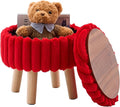 Wimarsbon Storage Ottoman,Soft Faux Fur Footstool with Padded Seat, Small Reading Vanity Chair, Footrest with Wood Tray for Couch, Mini Coffee Table or Display Stand (Red, Round Storage)