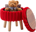 Wimarsbon Storage Ottoman,Soft Faux Fur Footstool with Padded Seat, Small Reading Vanity Chair, Footrest with Wood Tray for Couch, Mini Coffee Table or Display Stand (Red, Round Storage)