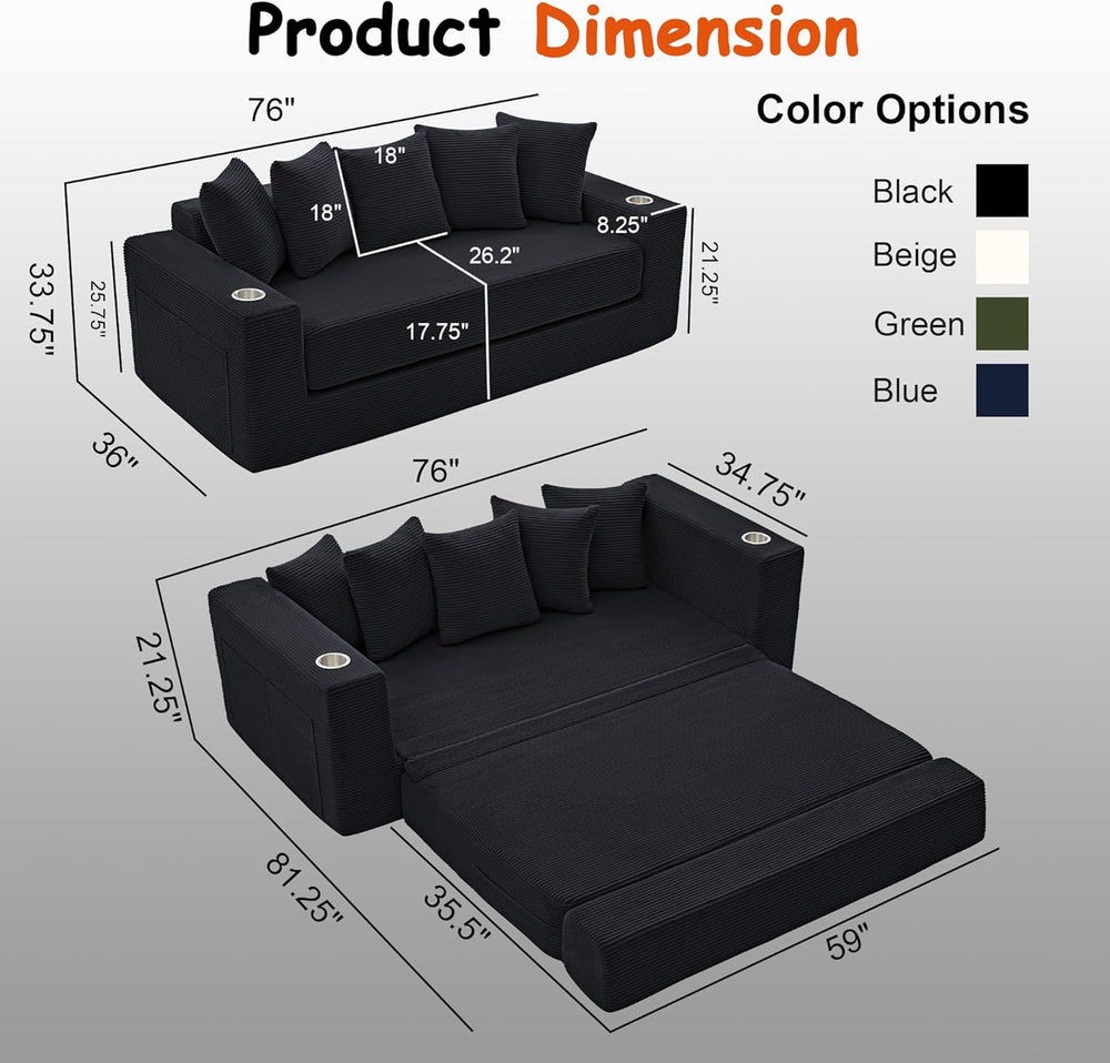76" Convertible Sofa Bed, Corduroy Couch with Cup Holders & Pocket |...