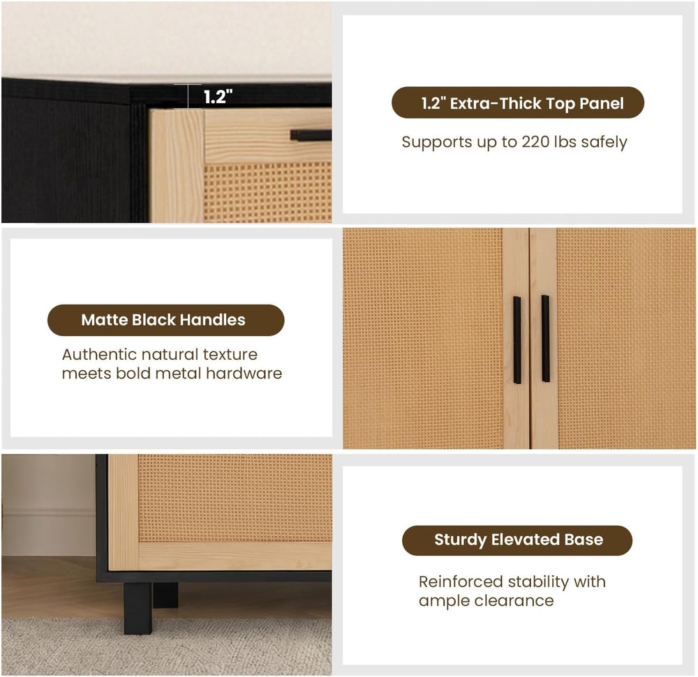 GREEN PARTY 47" Black Rattan Sideboard Buffet Cabinet, Coffee Bar Cabine...