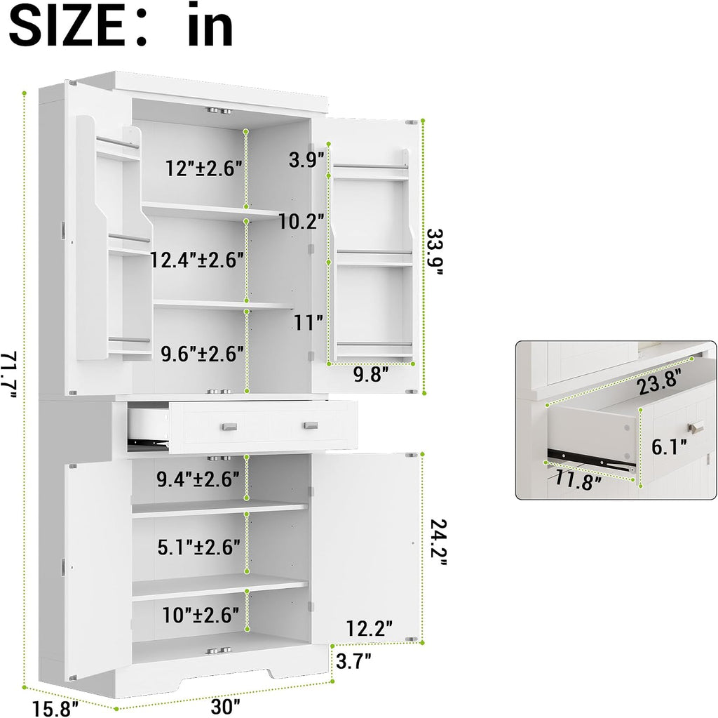 72 Inch Food Pantry Cabinet, Modern White Wood Kitchen Storage Cabinet with Door Shelves & Drawer, Freestanding Cupboard for Dining Room, Living Room, Apartments