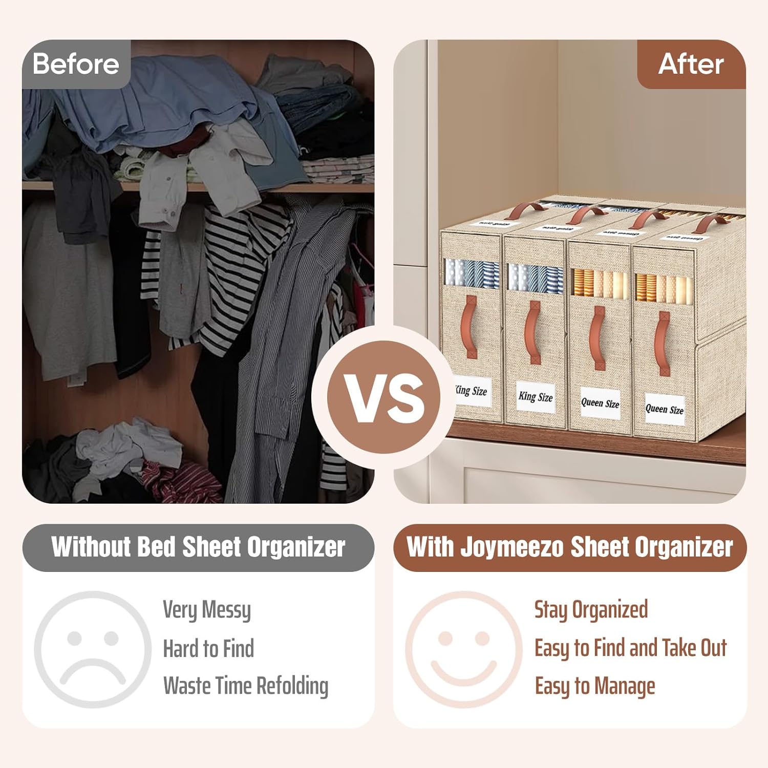 4 Pack Bed Sheet Organizers and Storage(King &Queen Size) with an Elastic Strap, Foldable Closet Linen Sheet Storage Container, Sheet Set Box for Blankets, Duvet Cover and Pillowcase, Beige