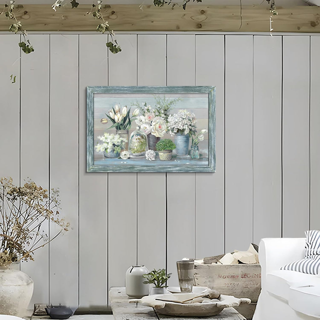 Botanical Flowers in Vase Wall Art：Bouquet Wooden Framed Artwork Print Painting Modern Abstract Floral Nature Plant Picture for Living Room Dinning Room Bedroom Farmhouse