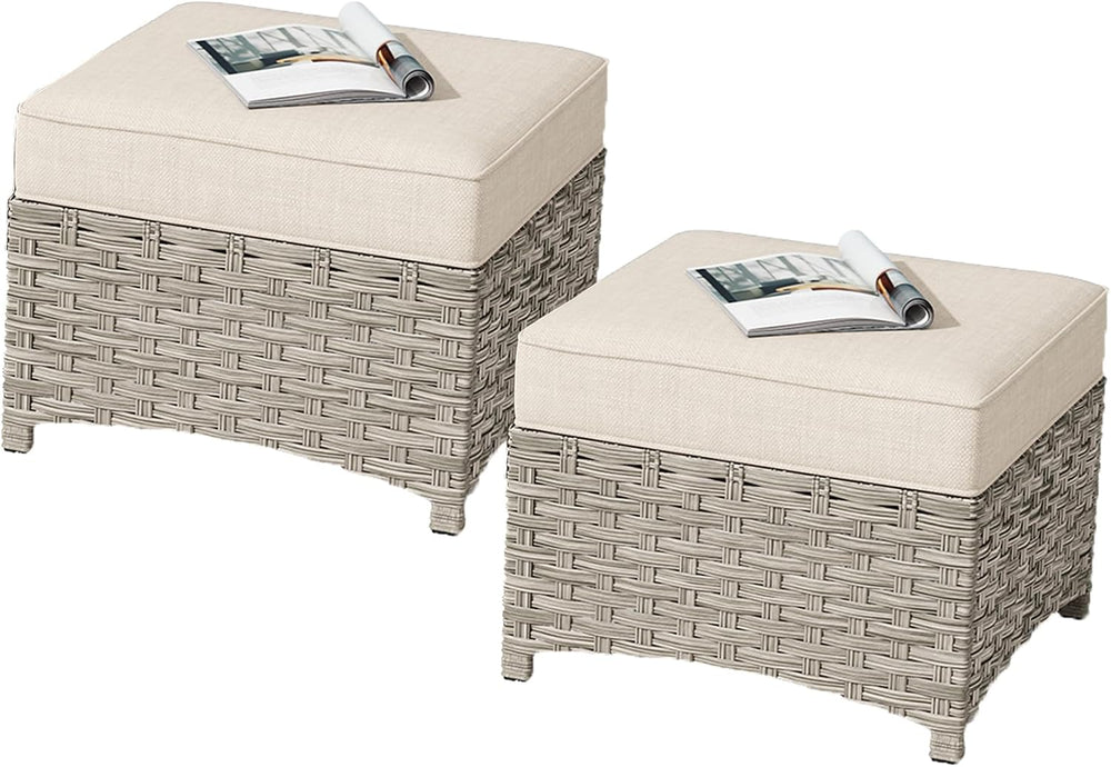 HOOOWOOO 2 Piece Patio Ottoman Set,Outdoor Wicker Ottomans,All Weather Resist...