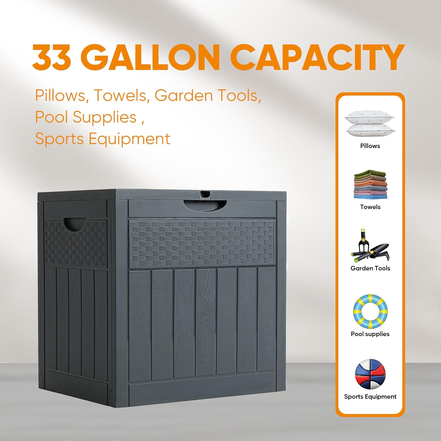 ZYJOYY 33 Gallon Resin Deck Box, Weatherproof Outdoor Storage Box for Patio, Garden, Pool, and Yard, Lockable Waterproof Bin for Tools, Cushions, and Accessories, Grey