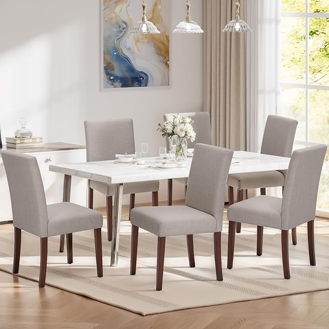 Upholstered Dining Chairs Set of 6, Modern Fabric Dining Room Chair, Wooden Dining Chair, Kitchen Side Chairs, Farmhouse Dinner Chair with High Back for Kitchen, Brown