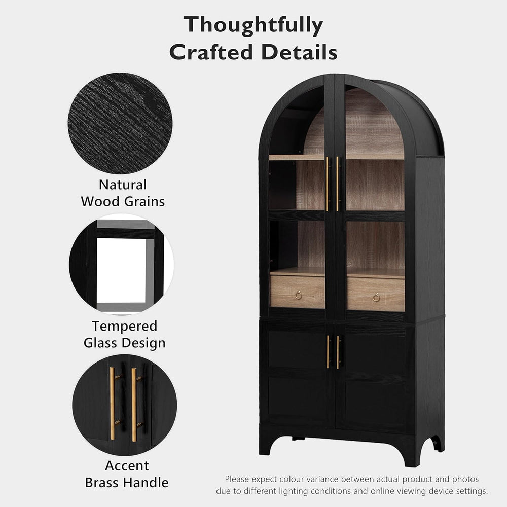 Arched Bookshelf Storage Cabinet with Glass Doors,71" Tall Kitchen Food ...