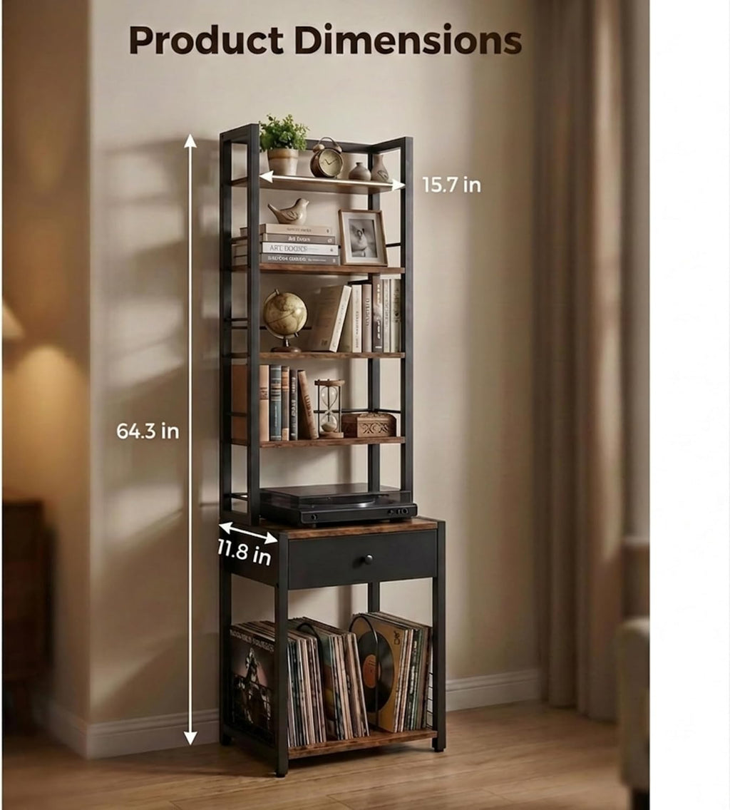 CD Storage Rack, 6-Tier DVD Organizer Shelf with Drawer & Adjustable Book Stoppers, Vinyl Record Holder &Multi-Purpose Media Organizer, Ideal for Living Room/Home Office,15.7x11.8x64.3Inch