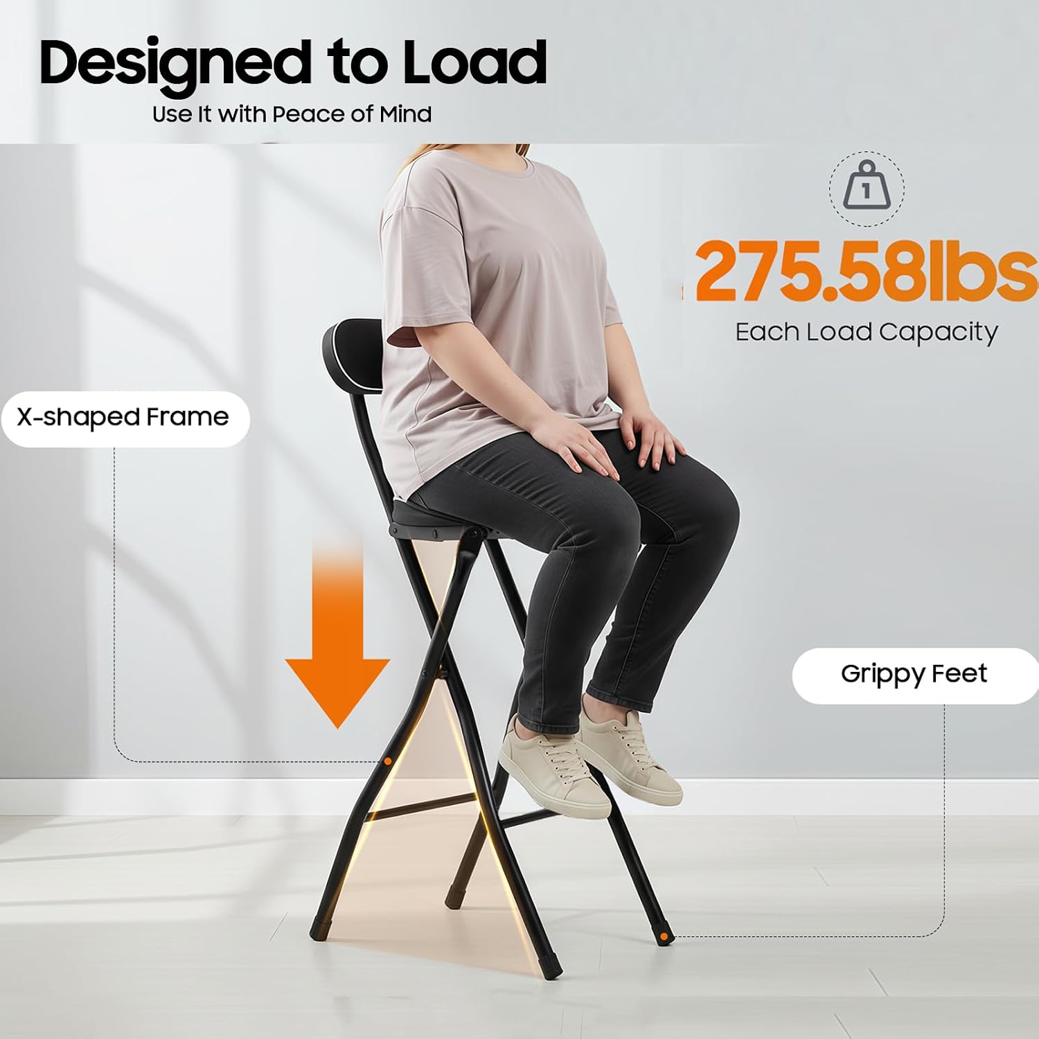 2 Pcs Folding Stool,Cushioned Padded Foldable Stools, Portable Bar Chairs with Back,Black