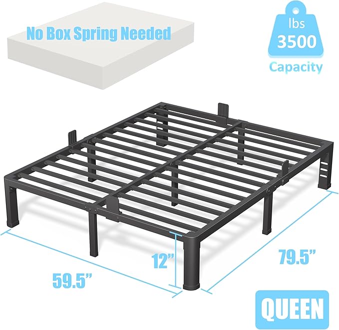 FUIOBYVV 12 Inch Queen Bed Frame with Rounded Corner and Headboard Hole Mattress Retainers 3500 LBS Metal Heavy Duty Steel Slats Support No Box Spring Needed Platform Noise Free Easy Assembly