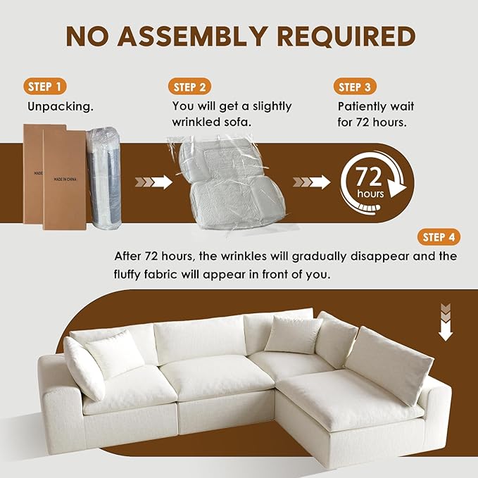130" Modern Modular L Shaped Couch, Sectional Couches for Living Room, Deep Seat Cloud Couch, No Assembly Required Sleeper Sofa, Boneless Couches with Armrests, White