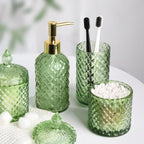 Green Bathroom Accessories Set, 4 Pack Olive Green Bathroom Decor Accessory Sets Complete, Diamond Glass Soap Dispenser and Toothbrush Holder Set for Bath Counter Organizer Essentials