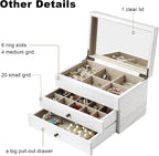 Meangood Jewelry Box Organizer for Women, 3 Layer Large Jewelry Storage Case, Rustic Wooden Jewelry Box with Mirror & Ring Tray for Necklace Earring Bracelets Rings, Vintage Style (White)