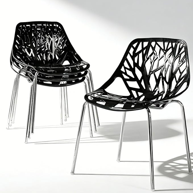 Karl home Modern Black Dining Chairs Set of 4, Stackable Plastic Chair for Dining Room, Living Room, Waiting Room,4 Chrome Metal Legs, 350lbs Capacity,21.3”L x 21.3”W x 33.5" H