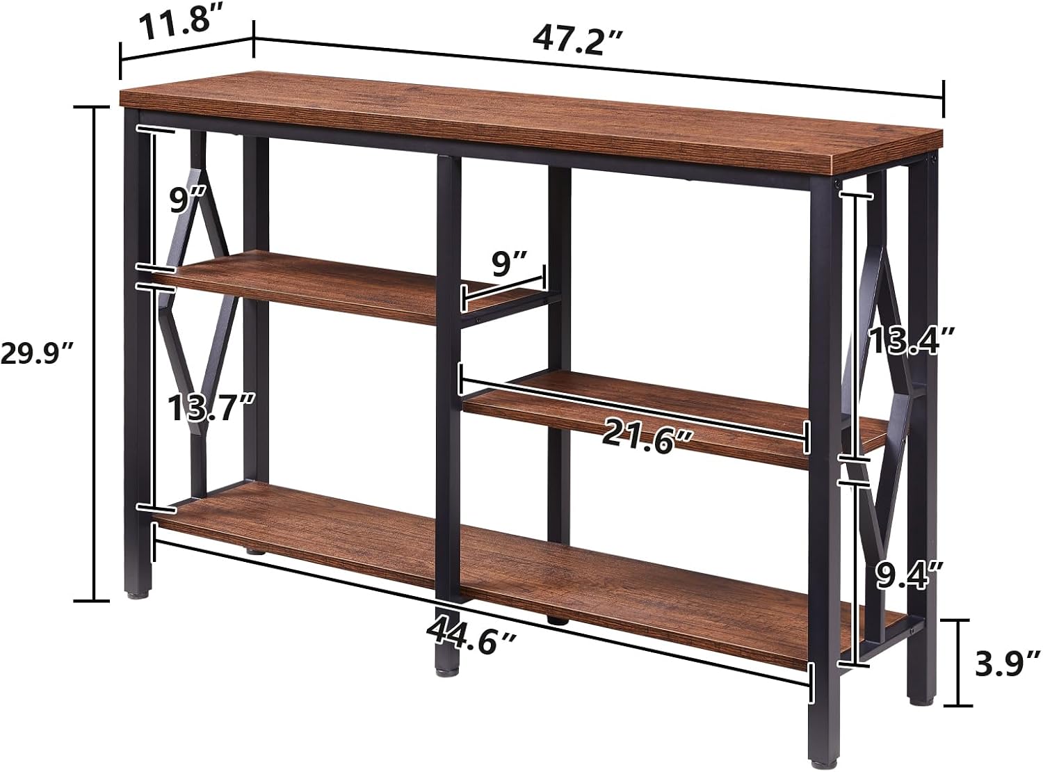 HOMBAZAAR Console Sofa Table, Rustic Entryway Table with Metal Frame and Open Shelves, Industrial Hallway Table with 3 Tier for Entry, Living Room, Foyer,Brown,47 inch