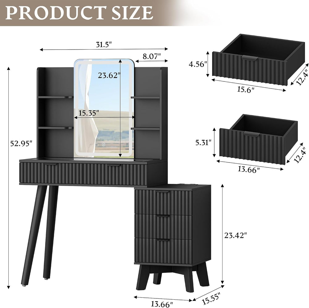 Vanity Desk With HD Lighted Mirror and Lights, Fluted Small Makeup Vanity wit...