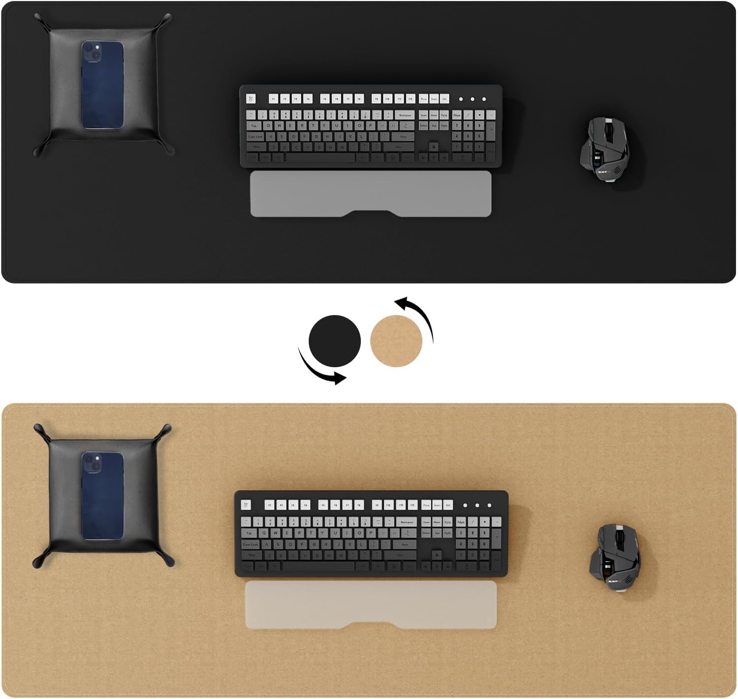 DAWNTREES Dual Sided Desk Mat,Leather Desk Pad,Black 40"x16",Cork Desk Mat Protector,with PU Leather Valet Tray Organizer,Large Mouse Pad,Desk Writing Pad for Office and Home