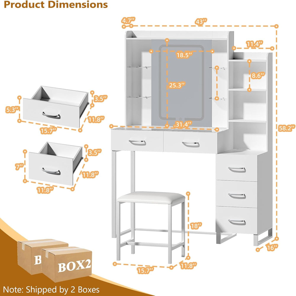 HUAHUU Vanity Desk with Mirror and Lights 3 Colors, 43.3" Makeup Vanity ...
