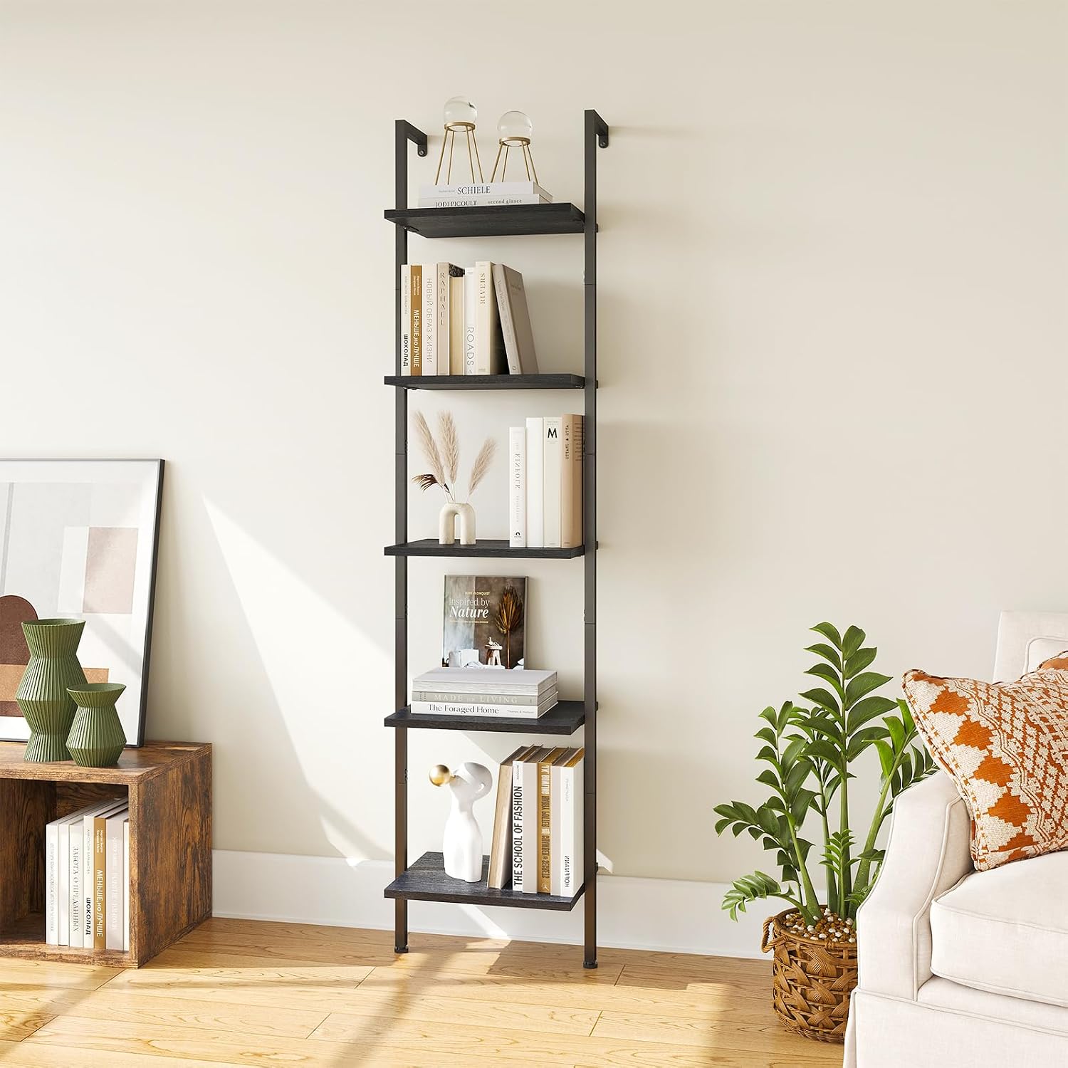 ELYKEN Ladder Shelf, 5-Tier Wood Wall Mounted Ladder Bookshelf | Leaning Storage Shelves with Metal Frame, Vintage Open Display Organizer Rack for Living Room, Bedroom, Home Office, Black