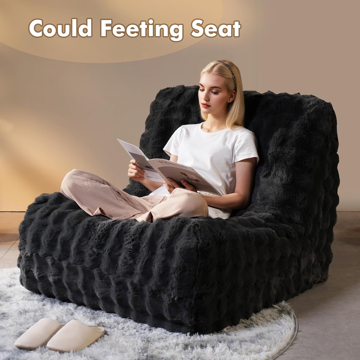 CAODOC Bean Bag Chair for Adults, Giant Oversized Fluffy Bean Bag for Fireside, Big Bean Bag Lounger Floor Chair for Home, Apartment, Gaming Venue, Dorm, Dark Gray