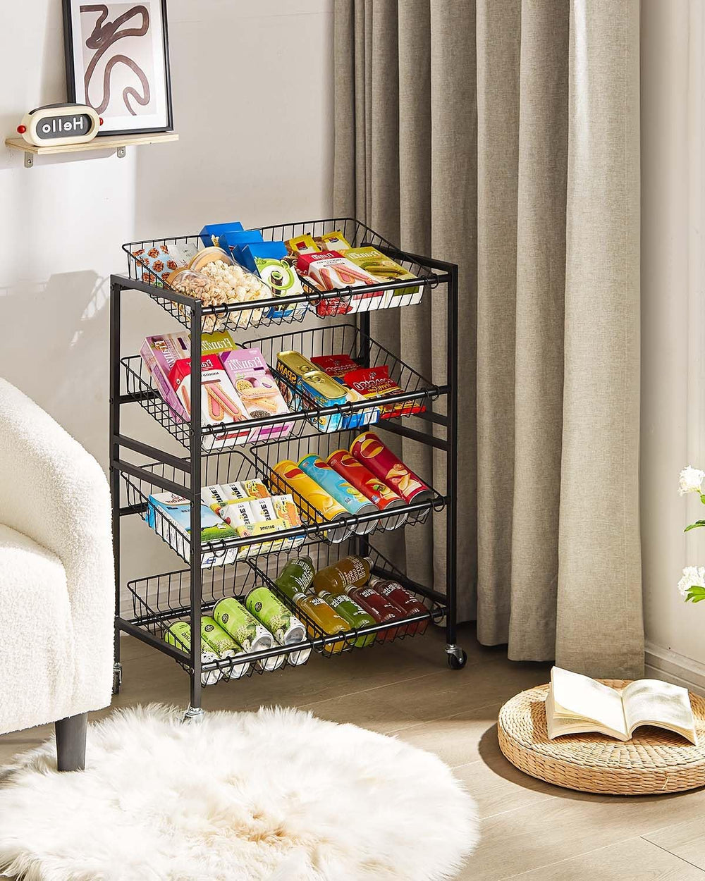 Evermagin 25.2" W Kitchen Storage Cart, 4-Tier Snack Cart with Wheels | ...