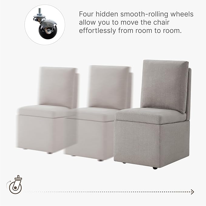 Upholstered Dining Chairs with Casters, Modern Dining Room Chairs Set of 4 with Hidden Storage & 4 Wheels, Single Sofa Chair for Kitchen, Reading Room, Waiting Room, Khaki (2 Box)