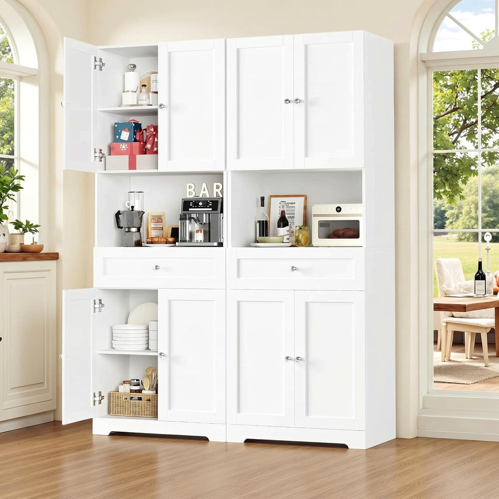 Set of 2 Tall Kitchen Pantry Storage Cabinet with Doors and Shelves, White | ...