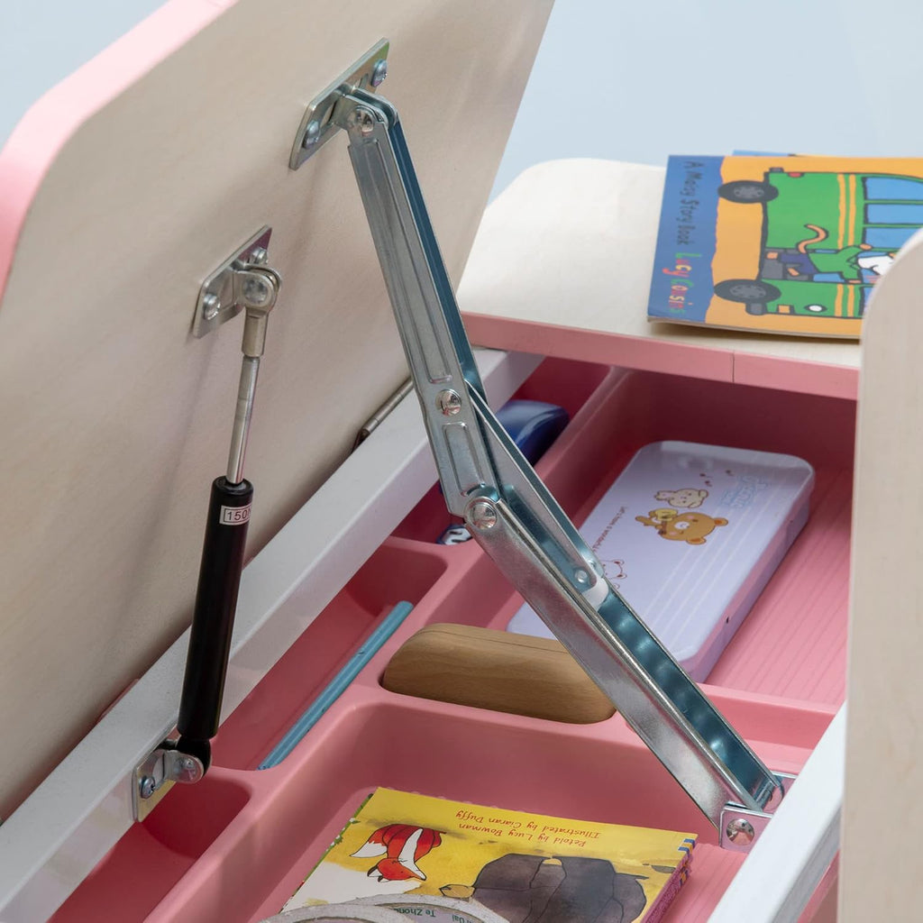 Qaba Wooden Kids Study Desk, Height Adjustable Children School Study Table, Student Writing Desk with Tilt Desktop, Drawer, Storage Shelf, Pen Holder, Pink