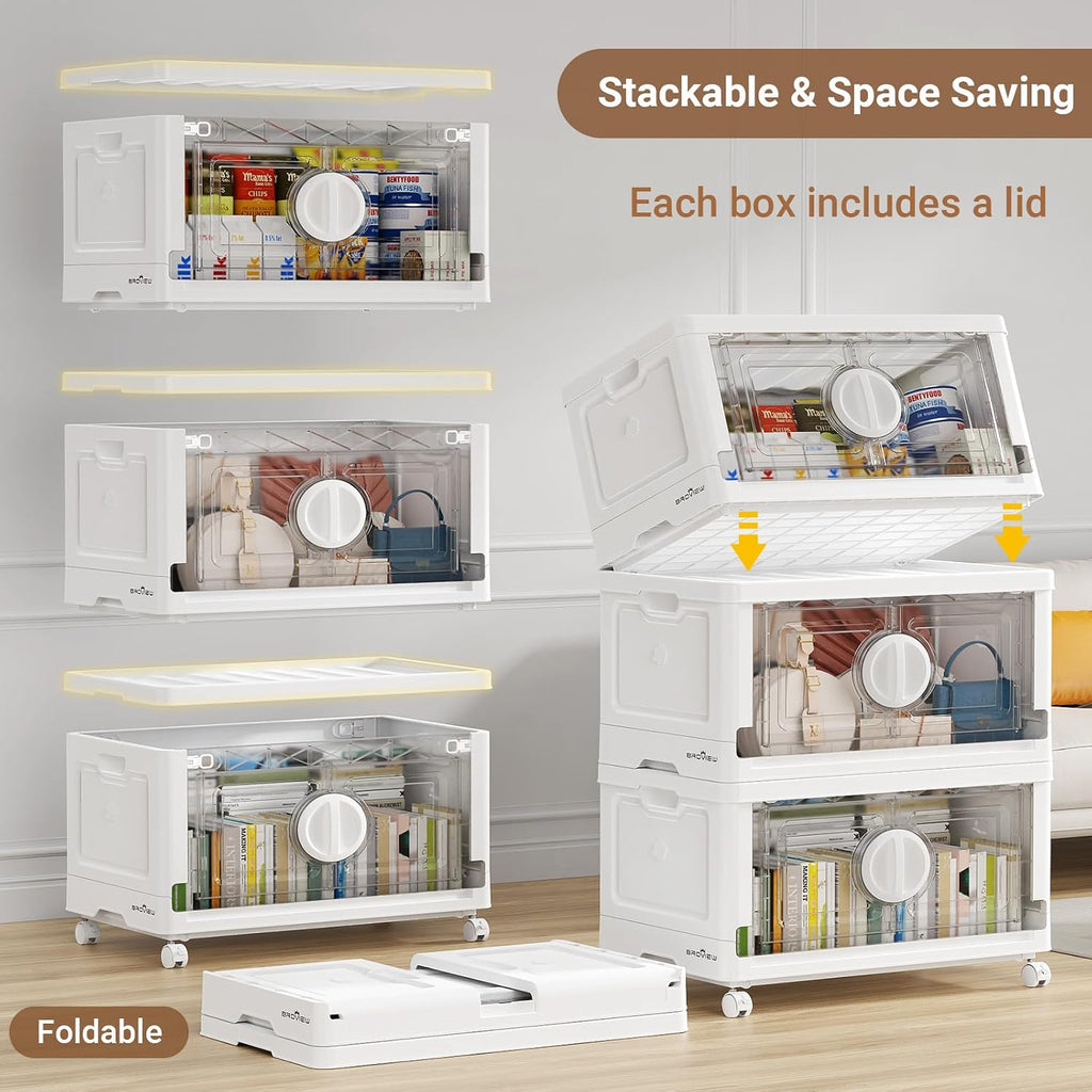 BROVIEW 360Qt Lockable Stackable Storage Bins with Lids, Closet Organizers and Storage Drawer, Collapsible Storage Bin with Wheels, Plastic Cabinet for Toy Clothes Dorm Organizer, V9 3 Pack White